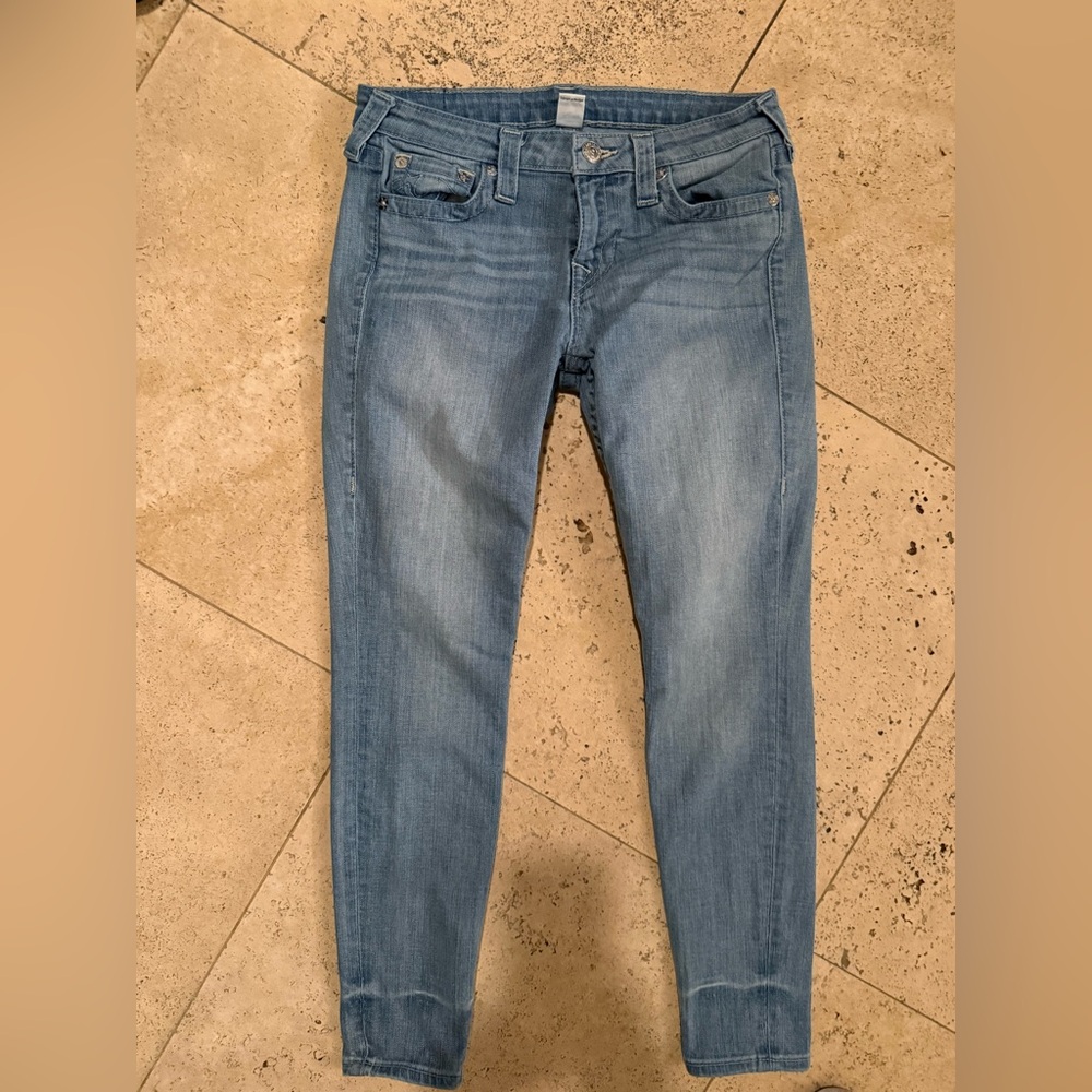 vintage True Religion  Blue SkinnyJeans 28 lowrise ankle skny string crystal